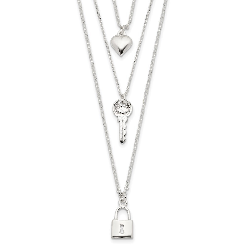 Kazi Luxury Sterling Silver Lock, Heart and Key Multi-Strand 16in Necklace
